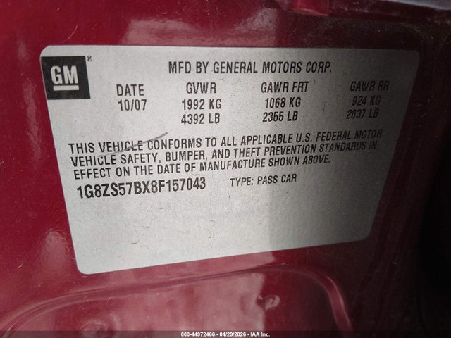 44972466 :رقم المزاد ، 1G8ZS57BX8F157043 vin ، 2008 Saturn Aura Xe مزاد بيع