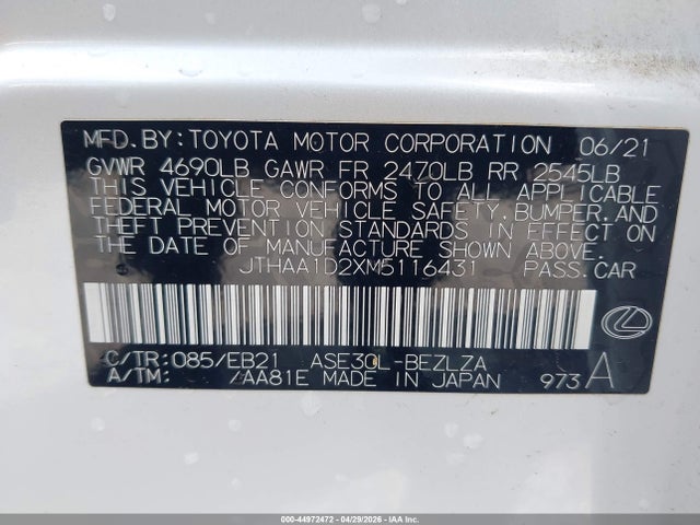 Aukcja sprzedaży 2021 Lexus Is 300, vin: JTHAA1D2XM5116431, numer aukcji: 44972472