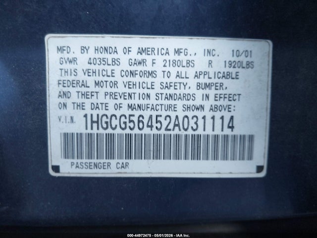 Auction sale of the 2002 Honda Accord 2.3 Lx, vin: 1HGCG56452A031114, lot number: 44972475