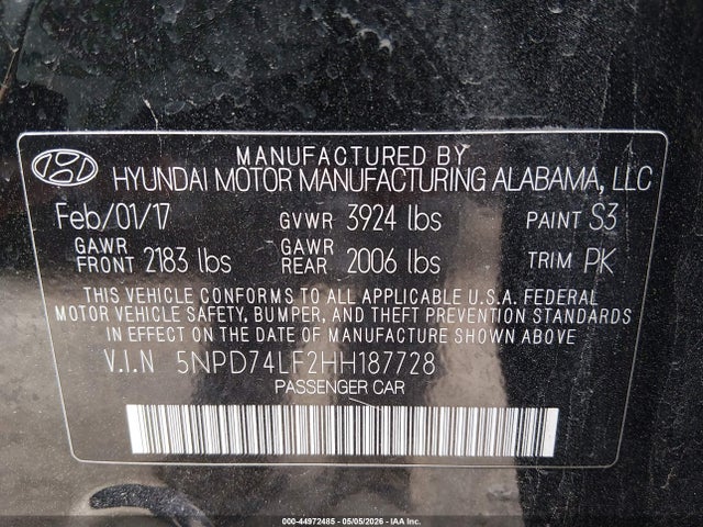 Aukcja sprzedaży 2017 Hyundai Elantra Se, vin: 5NPD74LF2HH187728, numer aukcji: 44972485