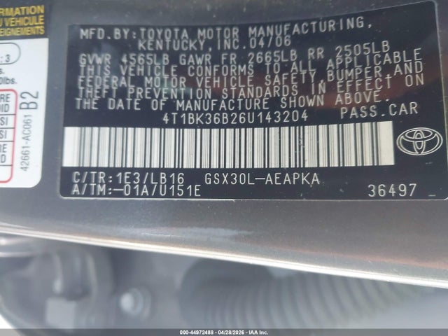 Продажа на аукционе авто 2006 Toyota Avalon Limited, vin: 4T1BK36B26U143204, номер лота: 44972488