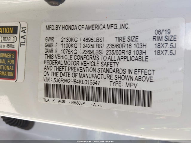 Aukcja sprzedaży 2019 Honda Cr-v Ex-l, vin: 5J6RW2H84KL016547, numer aukcji: 44972493