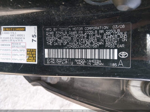 Aukcja sprzedaży 2008 Toyota Prius, vin: JTDKB20U483407587, numer aukcji: 44972495