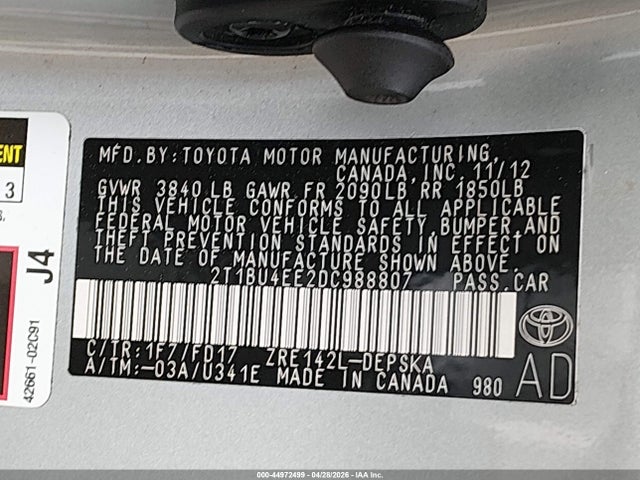 Aukcja sprzedaży 2013 Toyota Corolla S, vin: 2T1BU4EE2DC988807, numer aukcji: 44972499