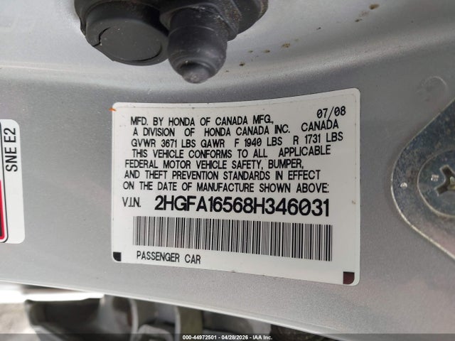Продаж на аукціоні авто 2008 Honda Civic Lx, vin: 2HGFA16568H346031, номер лоту: 44972501