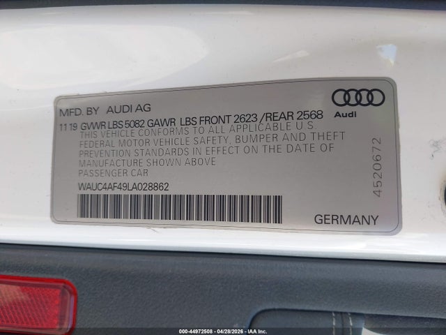 44972508 :رقم المزاد ، WAUC4AF49LA028862 vin ، 2020 Audi S4 Prestige Tfsi Quattro Tiptronic مزاد بيع