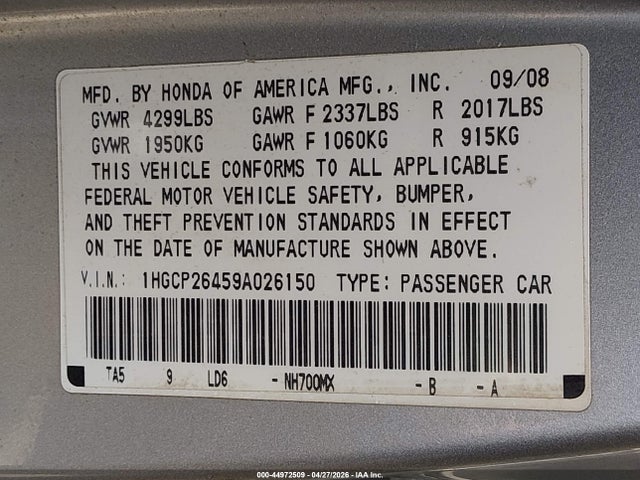 Продажа на аукционе авто 2009 Honda Accord 2.4 Lx-p, vin: 1HGCP26459A026150, номер лота: 44972509