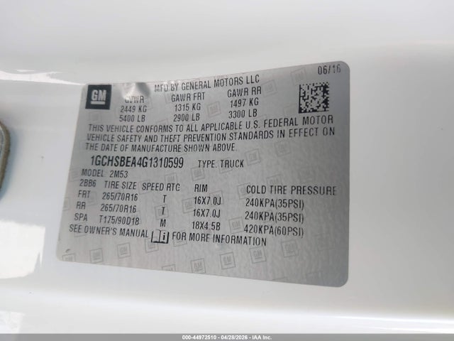 2016 Chevrolet Colorado Wt მანქანა იყიდება აუქციონზე, vin: 1GCHSBEA4G1310599, აუქციონის ნომერი: 44972510
