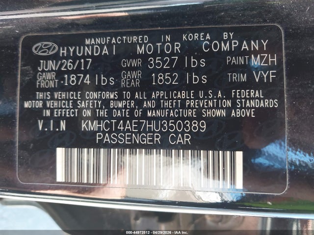 KMHCT4AE7HU350389 Hyundai ACCENT SE