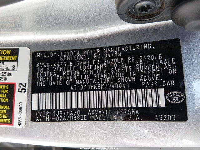 4T1B11HK6KU249041 Toyota CAMRY SE