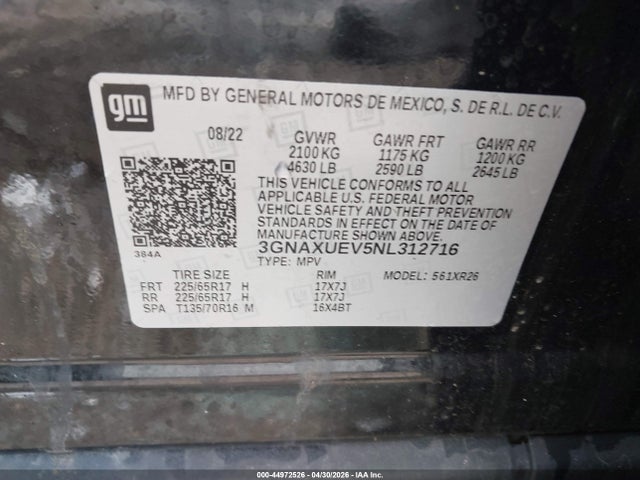 Продаж на аукціоні авто 2022 Chevrolet Equinox Awd Lt, vin: 3GNAXUEV5NL312716, номер лоту: 44972526