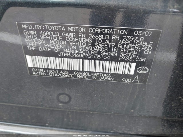Aukcja sprzedaży 2007 Lexus Es 350, vin: JTHBJ46G072108164, numer aukcji: 44972528