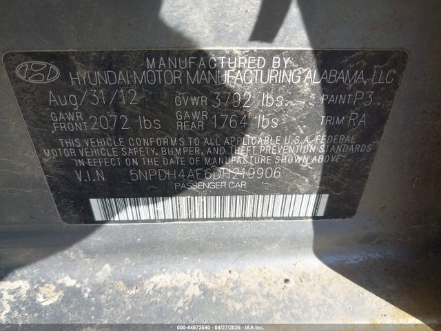 Aukcja sprzedaży 2013 Hyundai Elantra Gls/limited, vin: 5NPDH4AE6DH219906, numer aukcji: 44972540