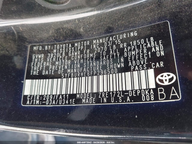 44972542 :رقم المزاد ، 5YFBURHE6FP296500 vin ، 2015 Toyota Corolla L مزاد بيع
