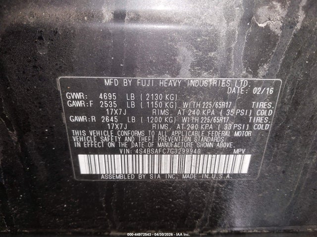 2016 Subaru Outback 2.5i Premium მანქანა იყიდება აუქციონზე, vin: 4S4BSAFC7G3299940, აუქციონის ნომერი: 44972543