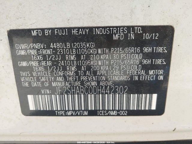Aukcja sprzedaży 2013 Subaru Forester 2.5x, vin: JF2SHABC0DH442302, numer aukcji: 44972548