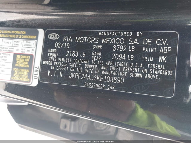 44972550 :رقم المزاد ، 3KPF24AD3KE103890 vin ، 2019 Kia Forte Lxs مزاد بيع
