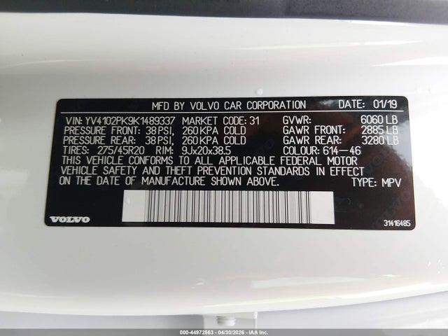44972563 :رقم المزاد ، YV4102PK9K1489337 vin ، 2019 Volvo Xc90 T5 Momentum مزاد بيع