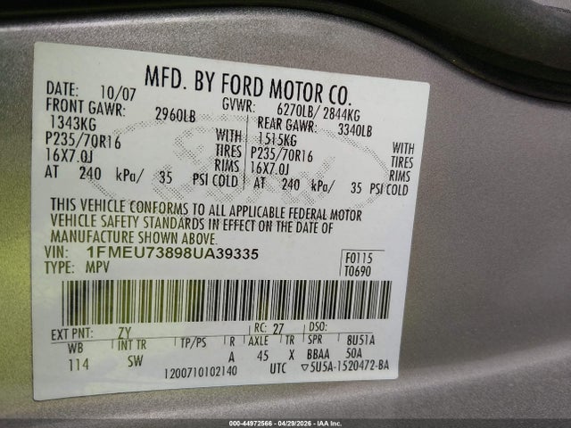 Продаж на аукціоні авто 2008 Ford Explorer Xlt, vin: 1FMEU73898UA39335, номер лоту: 44972566