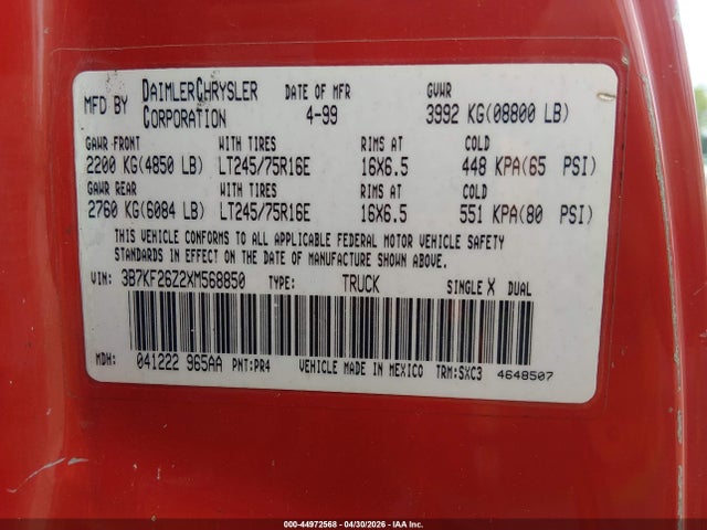 1999 Dodge Ram 2500 St მანქანა იყიდება აუქციონზე, vin: 3B7KF26Z2XM568850, აუქციონის ნომერი: 44972568