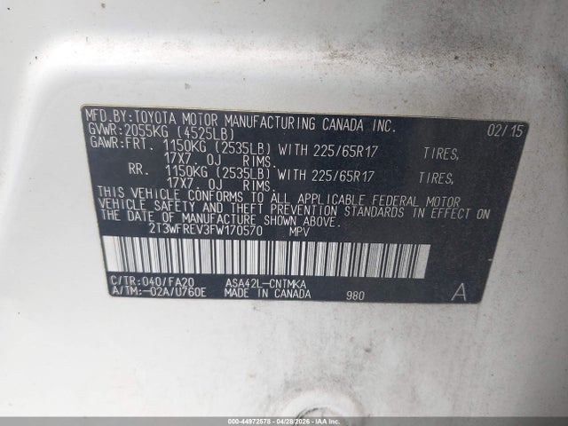 2T3WFREV3FW170570 Toyota Rav4 Xle