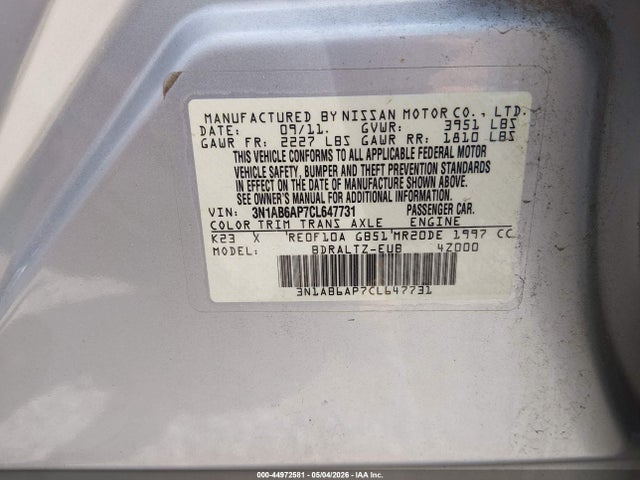 44972581 :رقم المزاد ، 3N1AB6AP7CL647731 vin ، 2012 Nissan Sentra 2.0 Sr مزاد بيع