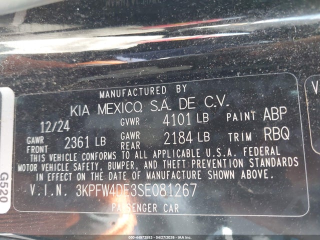 44972583 :رقم المزاد ، 3KPFW4DE3SE081267 vin ، 2025 Kia K4 Gt-line مزاد بيع