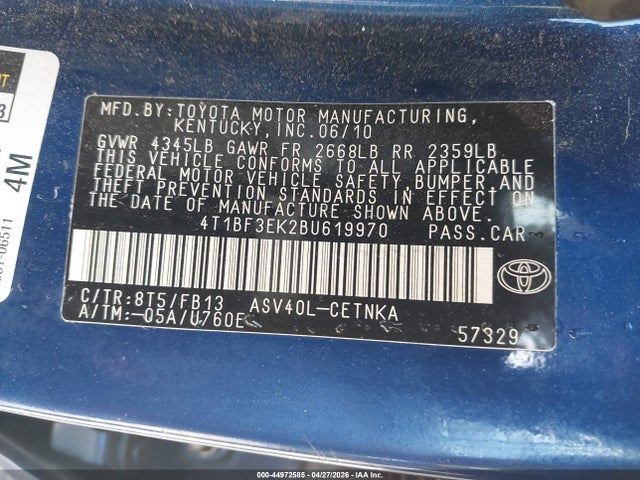 44972585 :رقم المزاد ، 4T1BF3EK2BU619970 vin ، 2011 Toyota Camry Le مزاد بيع
