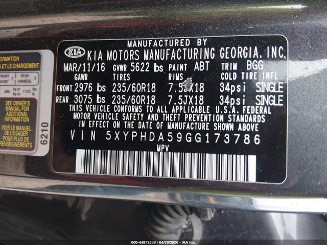 44972588 :رقم المزاد ، 5XYPHDA59GG173786 vin ، 2016 Kia Sorento 3.3l Ex مزاد بيع