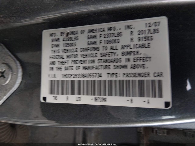 Aukcja sprzedaży 2008 Honda Accord 2.4 Lx, vin: 1HGCP26338A055734, numer aukcji: 44972592