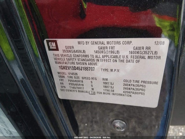 Aukcja sprzedaży 2009 Gmc Acadia Sle-1, vin: 1GKEV13D49J188707, numer aukcji: 44972602