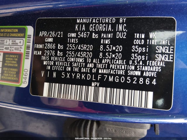 Продажа на аукционе авто 2021 Kia Sorento Sx, vin: 5XYRKDLF7MG052864, номер лота: 44972604
