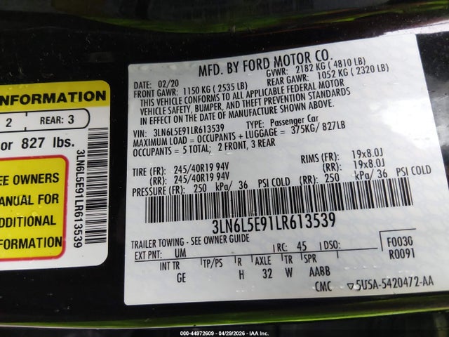 2020 Lincoln Mkz Reserve მანქანა იყიდება აუქციონზე, vin: 3LN6L5E91LR613539, აუქციონის ნომერი: 44972609