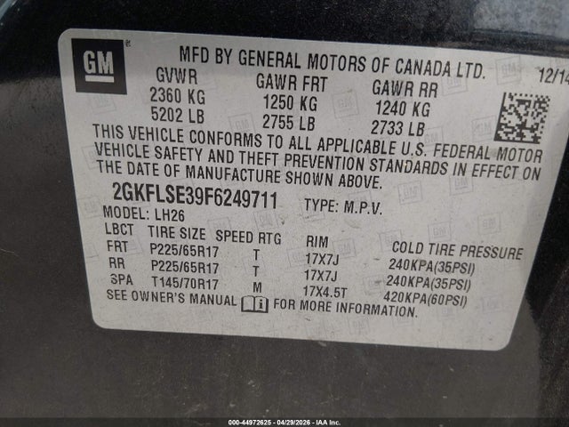 Продаж на аукціоні авто 2015 Gmc Terrain Slt-1, vin: 2GKFLSE39F6249711, номер лоту: 44972625