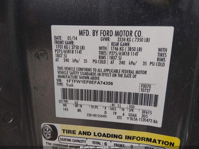 2014 Ford F-150 Xlt მანქანა იყიდება აუქციონზე, vin: 1FTFW1EF0EFA74356, აუქციონის ნომერი: 44972637