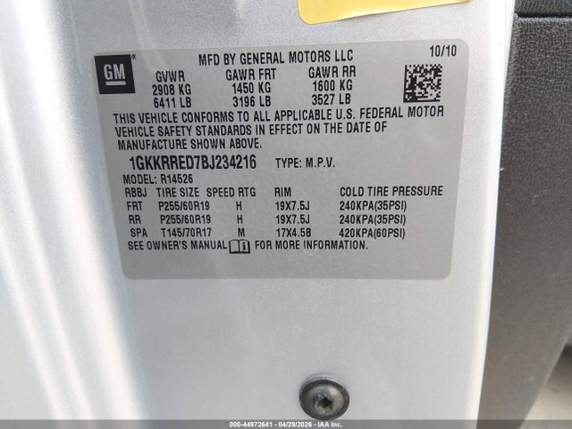 44972641 :رقم المزاد ، 1GKKRRED7BJ234216 vin ، 2011 Gmc Acadia Slt-1 مزاد بيع