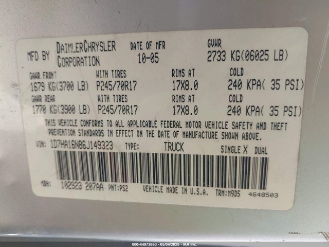 44972663 :رقم المزاد ، 1D7HA16N86J149323 vin ، 2006 Dodge Ram 1500 Slt مزاد بيع