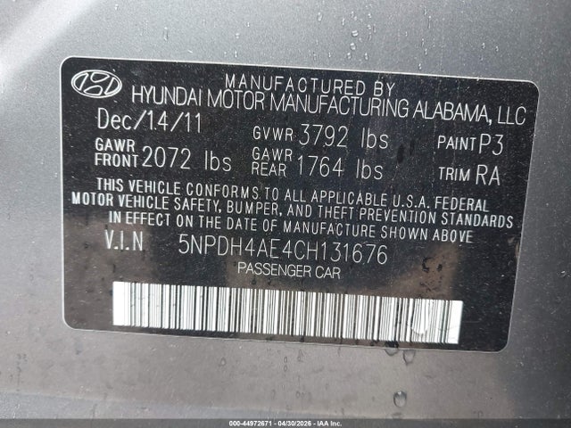 2012 Hyundai Elantra Gls მანქანა იყიდება აუქციონზე, vin: 5NPDH4AE4CH131676, აუქციონის ნომერი: 44972671