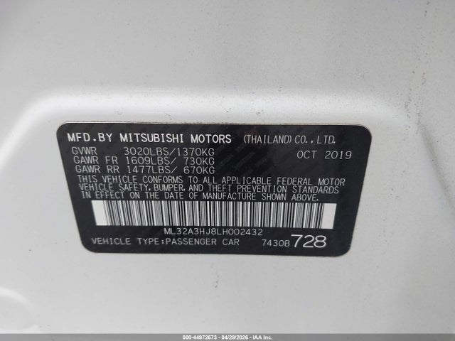 Aukcja sprzedaży 2020 Mitsubishi Mirage Es, vin: ML32A3HJ8LH002432, numer aukcji: 44972673