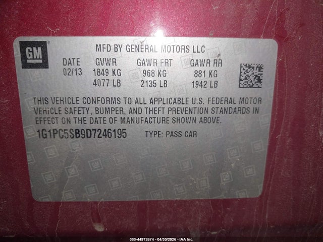 Продажа на аукционе авто 2013 Chevrolet Cruze 1lt Auto, vin: 1G1PC5SB9D7246195, номер лота: 44972674