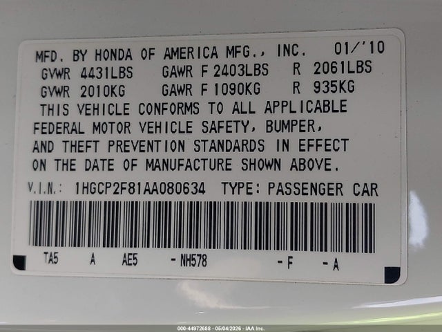 Продаж на аукціоні авто 2010 Honda Accord 2.4 Ex-l, vin: 1HGCP2F81AA080634, номер лоту: 44972688
