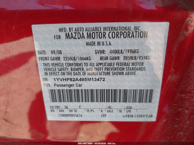 44972690 :رقم المزاد ، 1YVHP82A495M13472 vin ، 2009 Mazda Mazda6 I Grand Touring مزاد بيع