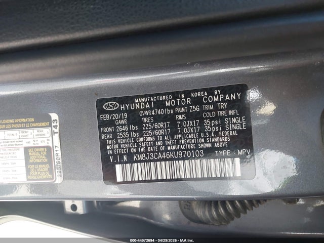Продажа на аукционе авто 2019 Hyundai Tucson Value, vin: KM8J3CA46KU970103, номер лота: 44972694