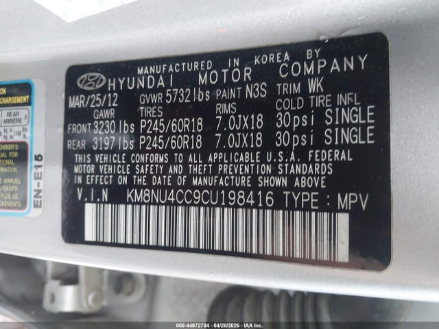 Aukcja sprzedaży 2012 Hyundai Veracruz Limited, vin: KM8NU4CC9CU198416, numer aukcji: 44972704