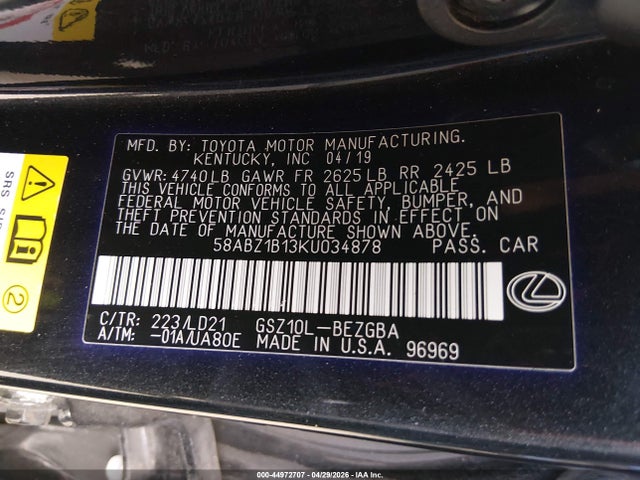 Aukcja sprzedaży 2019 Lexus Es 350, vin: 58ABZ1B13KU034878, numer aukcji: 44972707