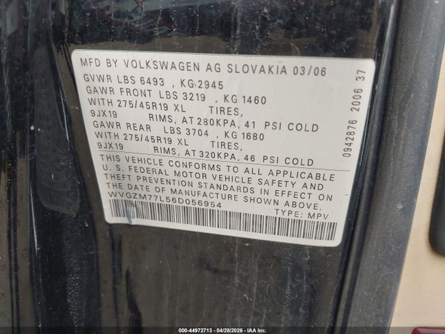 2006 Volkswagen Touareg V8 მანქანა იყიდება აუქციონზე, vin: WVGZM77L56D056954, აუქციონის ნომერი: 44972713