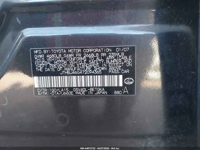 Aukcja sprzedaży 2007 Lexus Es 350, vin: JTHBJ46G472094365, numer aukcji: 44972722