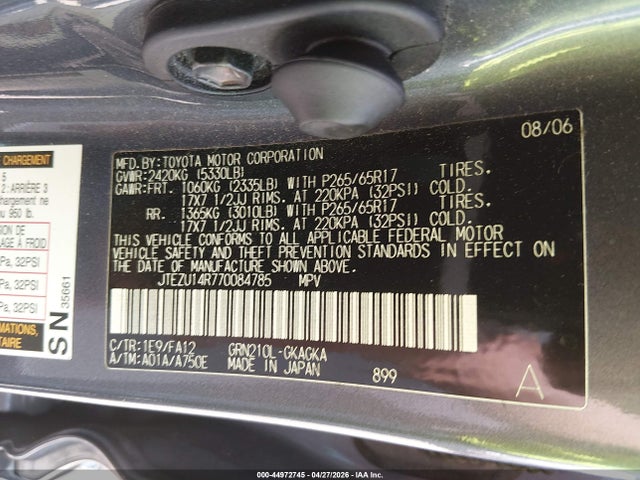 2007 Toyota 4runner Sr5 V6 მანქანა იყიდება აუქციონზე, vin: JTEZU14R770084785, აუქციონის ნომერი: 44972745