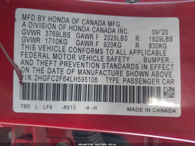 2020 Honda Civic Lx მანქანა იყიდება აუქციონზე, vin: 2HGFC2F64LH595106, აუქციონის ნომერი: 44972746