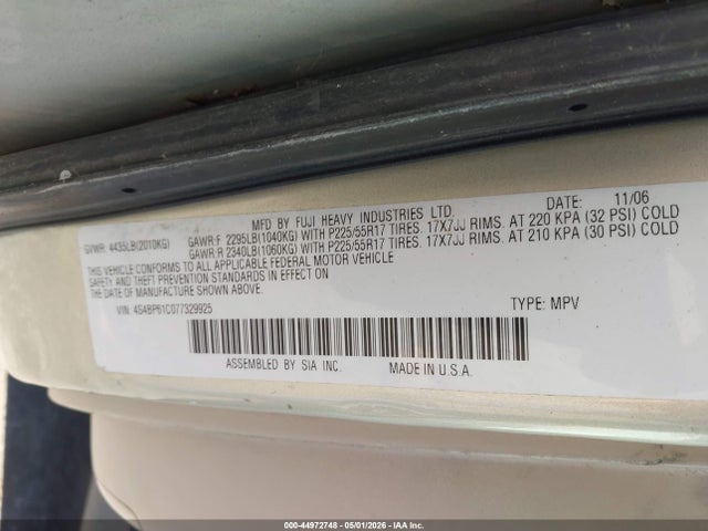 44972748 :رقم المزاد ، 4S4BP61C077329925 vin ، 2007 Subaru Outback 2.5i مزاد بيع
